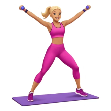 An energetic person performing an aerobics workout in a brightly lit gym, jumping and stretching with enthusiasm. The scene includes vibrant fitness equipment like dumbbells and exercise mats, with a background of cheerful, motivating colors, conveying energy and movement. sticker