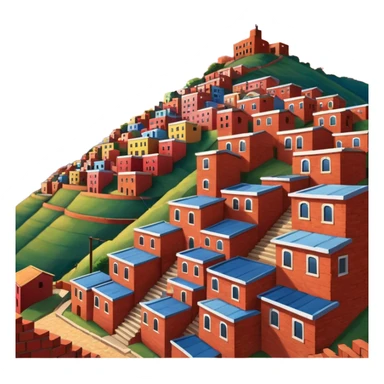 Urban Peruvian hillside neighborhood, brick houses stacked on steep hills, unfinished red brick buildings, colorful painted facades, narrow stairways, electric cables crossing the sky, sunset lighting, realistic style, cinematic, high detail sticker