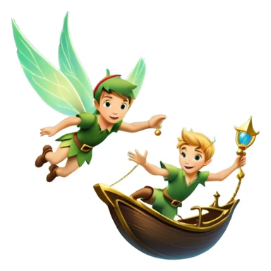 An icon representing an adventure game, inspired by whimsical fantasy. The design features Peter Pan soaring through the sky with Tinker Bell beside him, leaving a shimmering trail of pixie dust. Below, Neverland’s lush jungles and pirate ships create a backdrop of magic, adventure, and endless youth. Transparent background. sticker