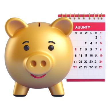 3D gold piggy bank with a calendar page showing a week, representing weekly saving, Microsoft 3D emoji style sticker