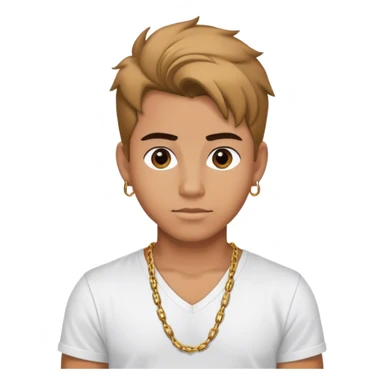 Young Latino male, hair up, wearing a small chain and a white v-neck t-shirt sticker