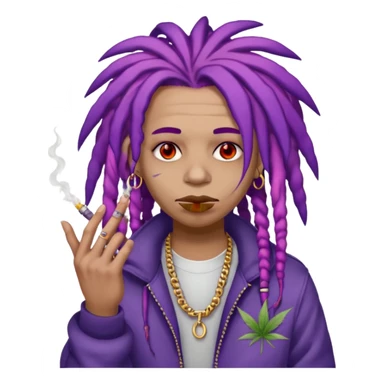 A purple weed smoking emoji with purple dreads, red eyes, hands full of rings, and wearing airforce1 shoes  sticker