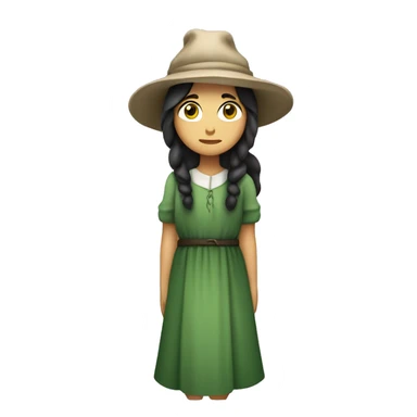 sad shepherdess, white skin, long dark hair, green dress and a hat (whole body emoji) sticker