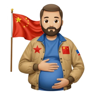 Bearded man rubbing pregnant belly poking out of a chinese flag shirt wearing a tan canvas carhartt jacket sticker