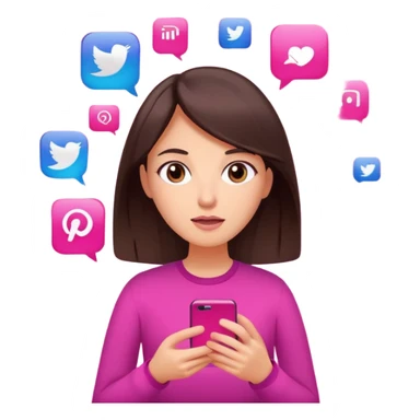 Social media manager. She has dark brown hair, brown eyes, overwhelmed expression, slightly stressed face,a holding a smartphone with notifications piling up. Use vibrant colors with a focus on pink and fuchsia tone sticker