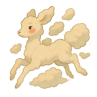 vanilla-colored cloud doe, floating with rosy cheeks and witch-like grace, ghibli style sticker