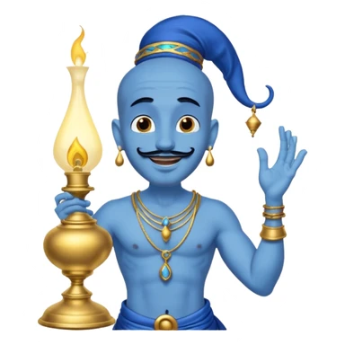 Blue skinned genie with a black goatee and gold bracelets coming out of a lamp from Disney’s Aladdin  sticker