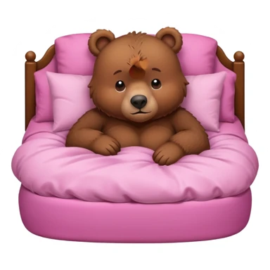 A cute brown bear in a pink bed, tucked in and looking forward, trying to fall asleep. sticker