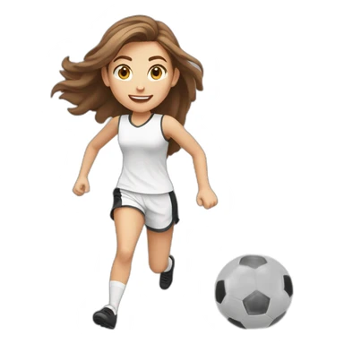 Caucasian girl with brown long hair running with a soccer ball wearing White short and black shorts sticker