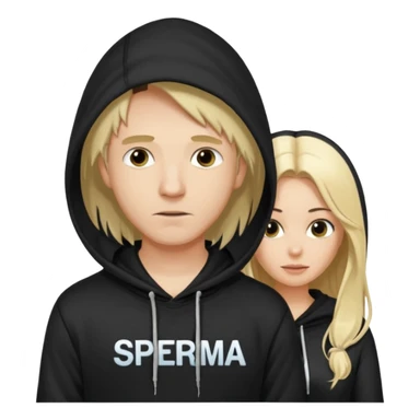 chce by to byla taka emotka 🙍‍♂️
chlopaka z czarnymi losami i czarna bluza z biaty.m
napisem "sperma" na srdoku i zeby za nim stala taka ladna blondynka z dlugaimi wlosami i ona  ciagnaca za sznurek od
kaptura od bluzy tej pierwszej osobyl sticker
