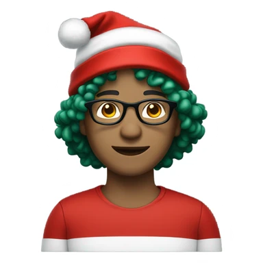 Unisex person ’light skin’ ’short curly dark green hair’ in a ’red Santa hat’ and black tshirt and round glasses  sticker