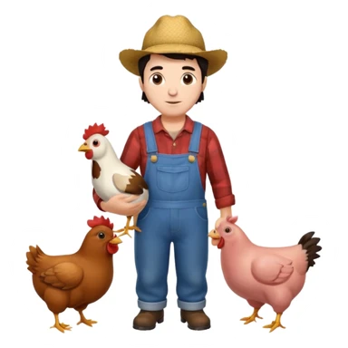 UN HOMBRE VESTIDO DE GRANJERO PIEL CLARA Y PELO OSCURO CON UNA GALLINA UN CERDO Y UNA VACA ALREDEDOR sticker