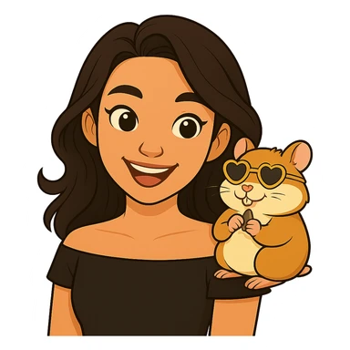 Remove the background and make it transparent. Keep the woman and her hamster with heart-shaped sunglasses as the focus, maintaining a modern, clean, warm style. sticker