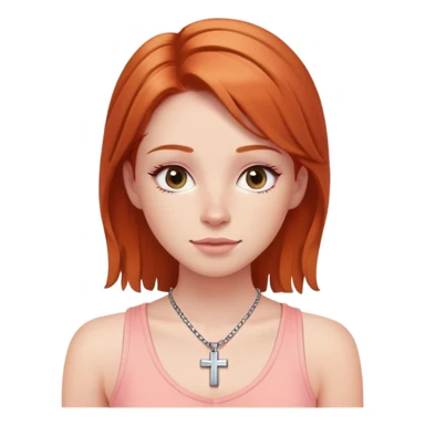 Auburn ginger haired girl with eyelashes wearing a cross necklace and a light coral pink tank top sticker