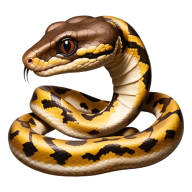 A photo-realistic digital illustration of a Ball Python, large headshot portrait. The snake has a short, rounded snout, smooth contours, and a calm, curious expression. Its head is warm brown with bold, irregular dark markings, including the signature “alien-head” pattern.  sticker