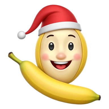A 3D cartoon banana with a red nose and tiny hat, smiling face, playful pose, Memoji-style. sticker