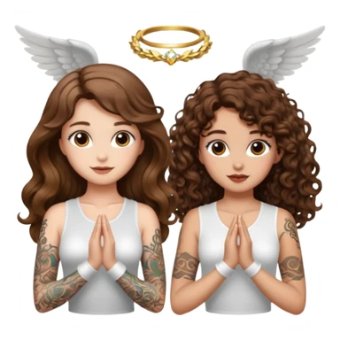 fake angel pose — long wavy brown hair tattooed woman and short tight curly brown hair woman — halo sparkle sticker
