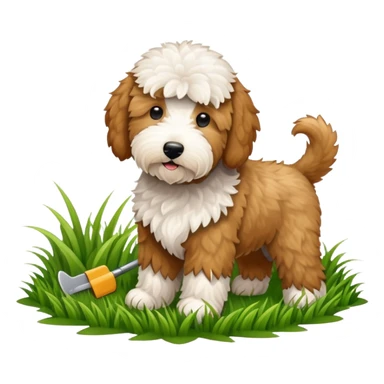 Golden doodle cutting grass sticker