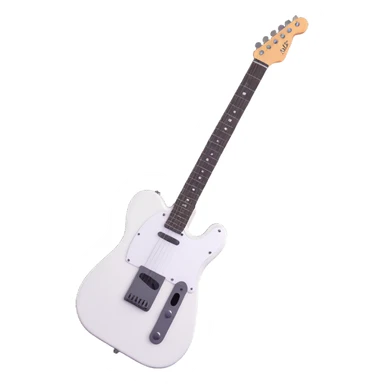 A white body Telecaster type guitar with a black pickguard, shown fully and arranged to be visible entirely. Designed in a 3D emoji style with a simple and friendly atmosphere, no background, suitable for icon use. sticker