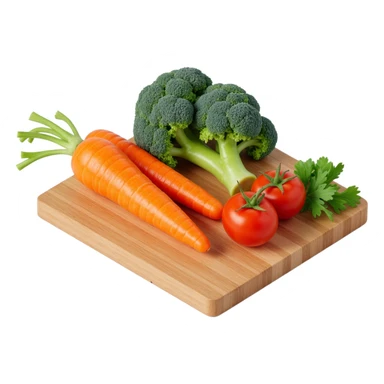carrot tomato brocoli on the wooden cutting board with floating list  sticker