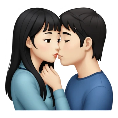 Asian girl with long black hair and side swept bangs, kissing a white guy with dark brown hair that’s short sticker
