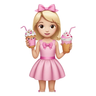 A little girl with a Dunkin' milkshake and a donut with pink frosting and marshmallows, wearing a pink coquette-style dress with bows and blonde hair. sticker