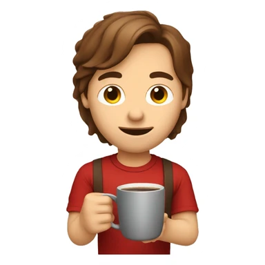 barista boy in a red t-shirt with long brown hair, with a cup of coffee in a hand sticker