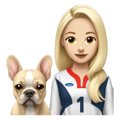 white blonde girl with long hair wearing sports outfit with frenchie with big ears sticker
