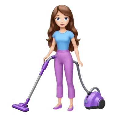 beautiful barbie girl with long brown hair, blue eyes and wearing light purple clothes, cleaning and vacuuming sticker