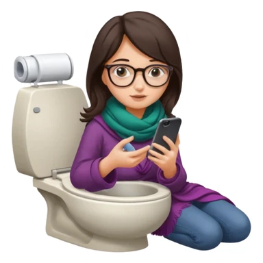 Fille châtain foncé avec lunettes. Elle porte une grosse écharpe. Elle est dans une cuvette de toilette. Téléphone en main sticker