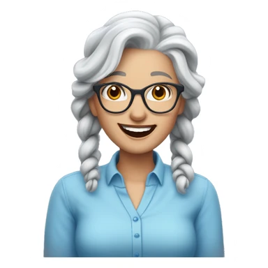 A laughing white gray-haired woman with a long gray braid in a blue scoop-necked shirt with blue glasses perched on her head. Her lipstick is red sticker