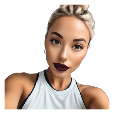 European Influencer model with fake lips wearing active wear taking a selfie sticker