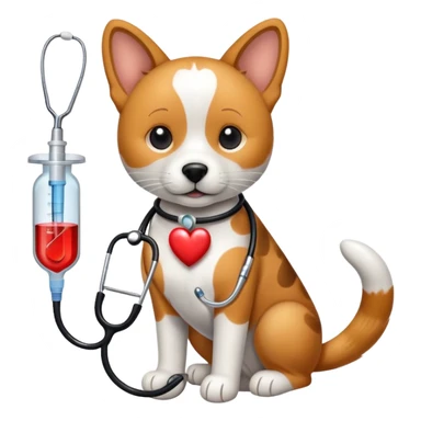 An icon featuring a stethoscope, a paw print, and a veterinary syringe, symbolizing veterinary medicine. The design includes a dog, a cat, and a heart, representing animal care, treatment, and health. Transparent background highlights the science of veterinary practice and animal welfare. sticker