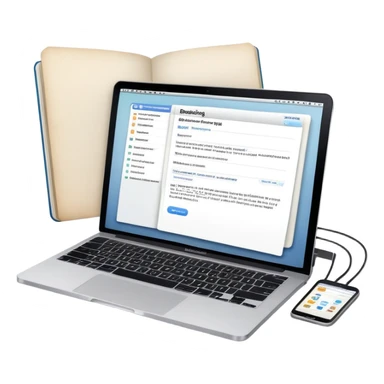 online booking system on MacBook screen next to old-style paper notebook with pen sticker