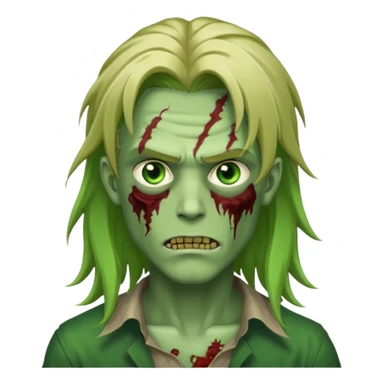 handsome male zombie with green skin, dirty blonde long flowing anime hair, bright green eyes, slight smirk, iOS emoji style sticker
