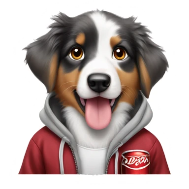 Australian Shepard puppy with a hoodie on with a Dr.Pepper soda sticker
