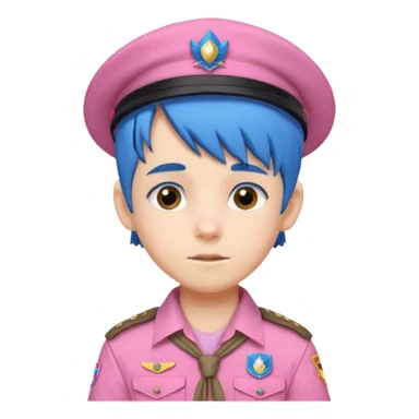 scout boy with very pink scout uniform, blue haired and hat sticker