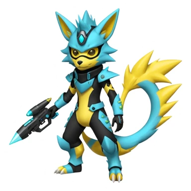 Shiny badass cool edgy spikey fluffy realistic cyan yellow white electric complex futuristic Zeraora-Renamon-Electrike-Umbreon-Lombax-Weregarurumon-fusion-creature (full body) wearing a black cyberpunk-helmet-mask sticker