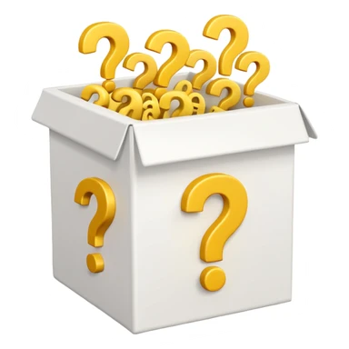 white box printed with q&a over stuffed with yellow question marks sticker