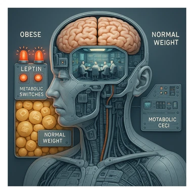 Medical CGI style illustration of cybernetic anatomy showing brain as control room. In obese section, leptin alarm bells ringing but metabolic switches stay ON, fat cells pile up like unread emails. In normal-weight section, control panel responds efficiently. 4K resolution, clinical, detailed, scientific visualization sticker