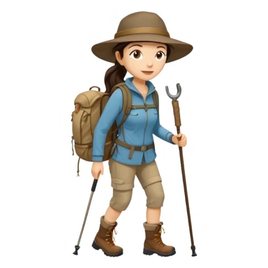 women, long dark brown hair in ponytail with wide brim hiking hat. Walking with backpack and trekking poles.  She is a pilgrim on the Camino Frances on her way to Santiago de Compostela sticker
