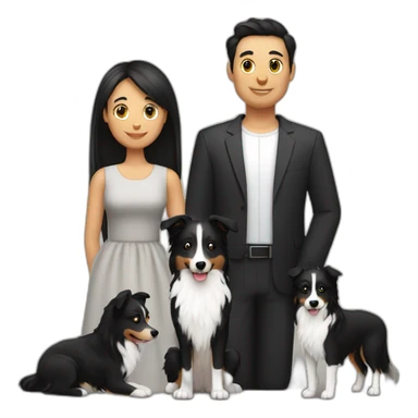 Family formed by a man a woman with long black hay ana a small black border collie sticker