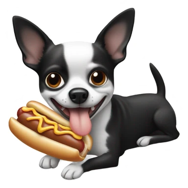 Black and white chihuahua eating a hot dog sticker
