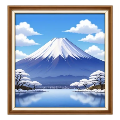 Cinematic Realistic Mount Fuji Landscape Emoji, depicted with the iconic snow-capped peak set against a serene sky rendered with lifelike textures and breathtaking, natural lighting. sticker