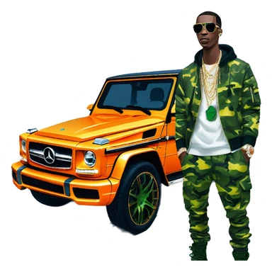 rapper,Young Dolph luxury clothes,blue diamond chain on,near his car, just opened drivers side car door to his all orange and green colored,whole car painted army camouflage, Mercedes G Wagon sticker