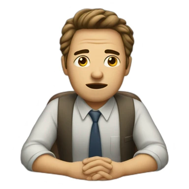 Tired of working man sitting behind the desk with hands behind the chair and doing sigh sticker