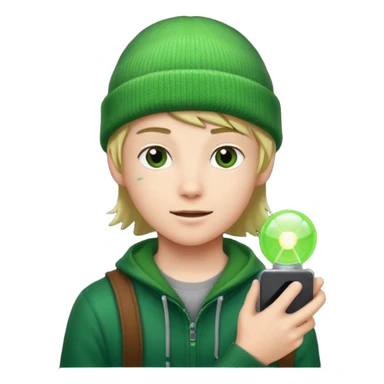 Teen hero in green beanie, holding glowing gadget.



































 sticker