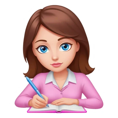 brown-haired, blue-eyed female writer writing a romance novel pink light sticker
