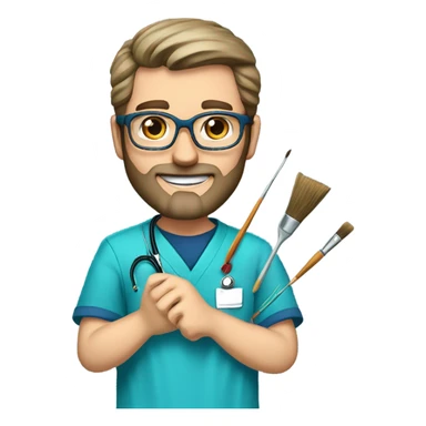 male dark blond haired doctor with grey van dyke beard with hazel eyes and small wire-rimmed glasses in blue scrubs holding a large paintbrush sticker