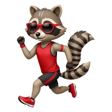 friendly anthropomorphised raccoon in sports wear, wearing dark sunglasses, jogging upright in standard pose sticker
